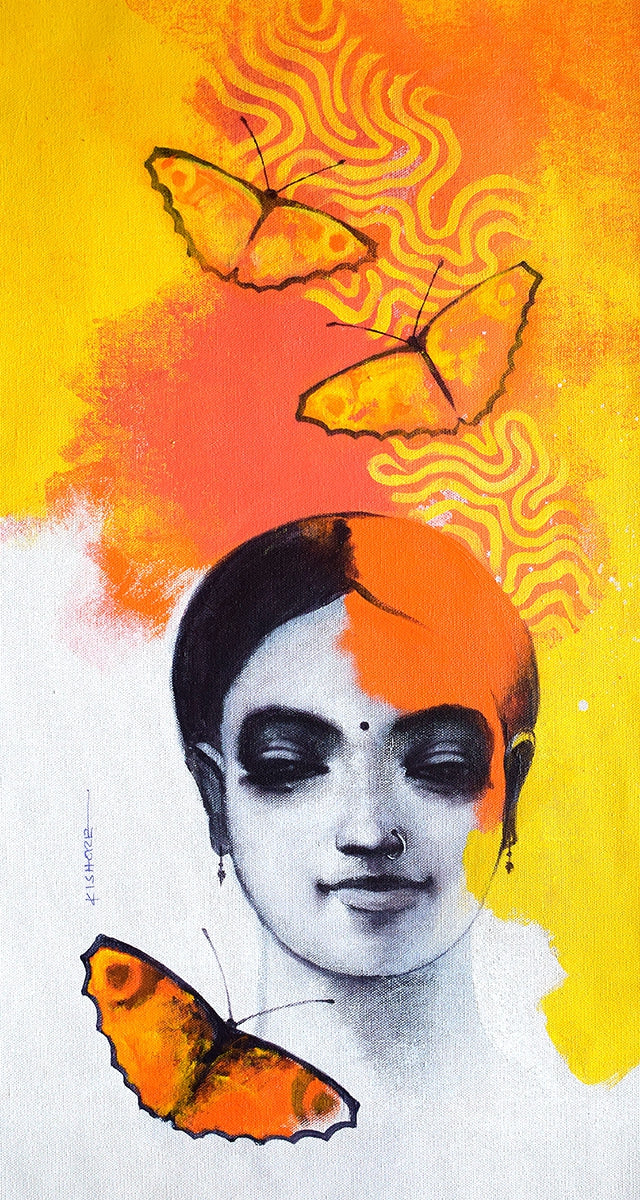 'She 24' figurative acrylic painting by artist Kishore Pratim Biswas, 24x12 inch, on canvas