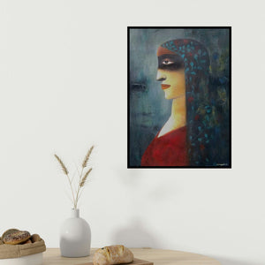 Mihir Kayal's 'She' painting visualized above a sofa in a contemporary room.