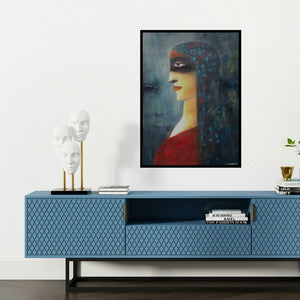 'She' painting by Mihir Kayal shown on a wall in a furnished room.