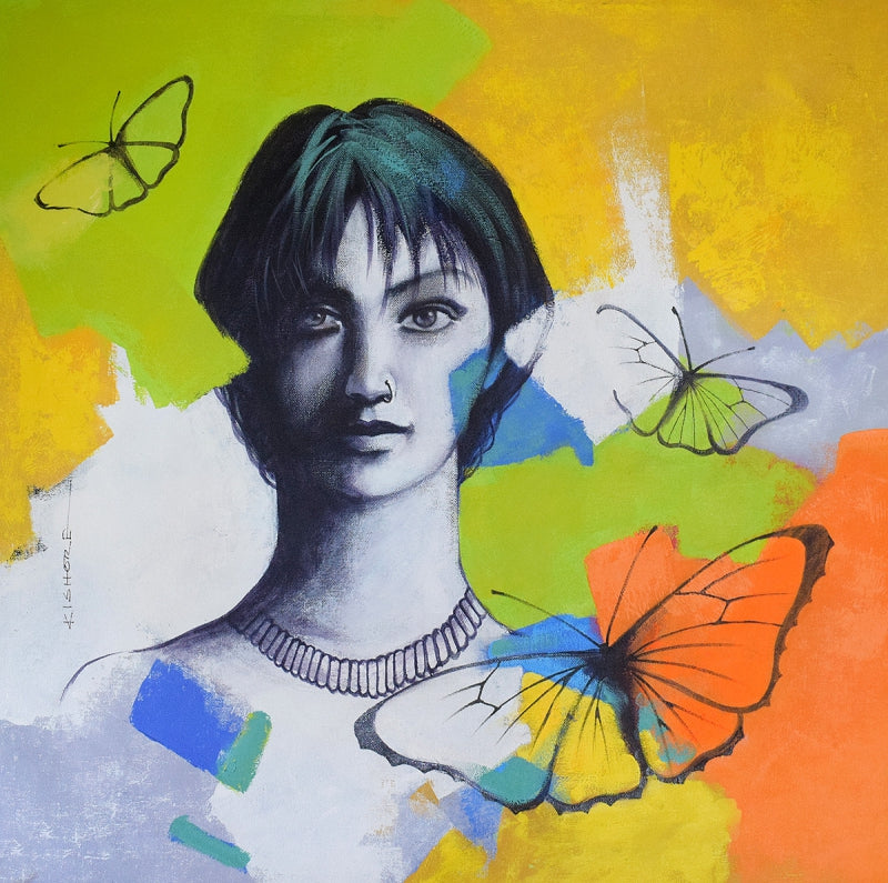 'She 33' figurative acrylic painting by artist Kishore Pratim Biswas, 24x24 inch, on canvas