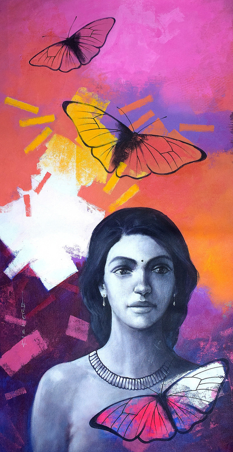 'She 38' figurative acrylic painting by artist Kishore Pratim Biswas, 48x24 inch, on canvas