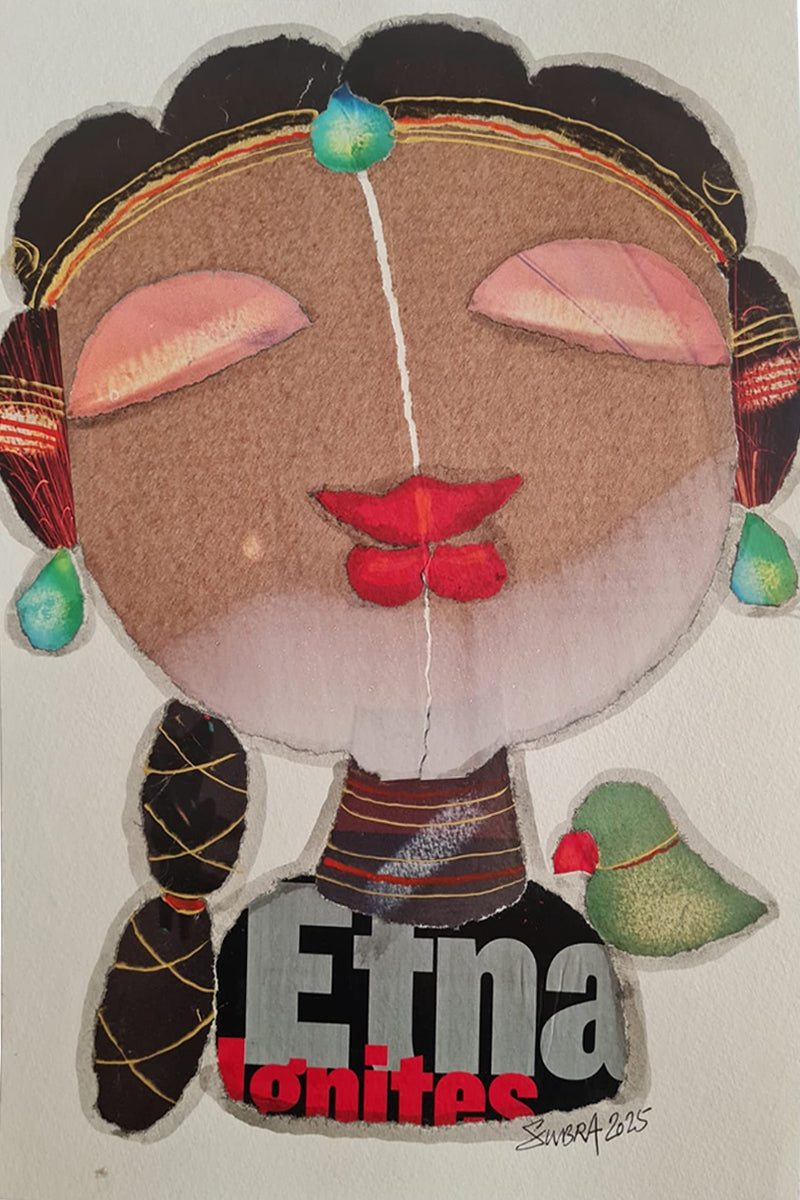 She 5' figurative mixed-media painting by artist G Subramanian, 12x8 inch, on paper