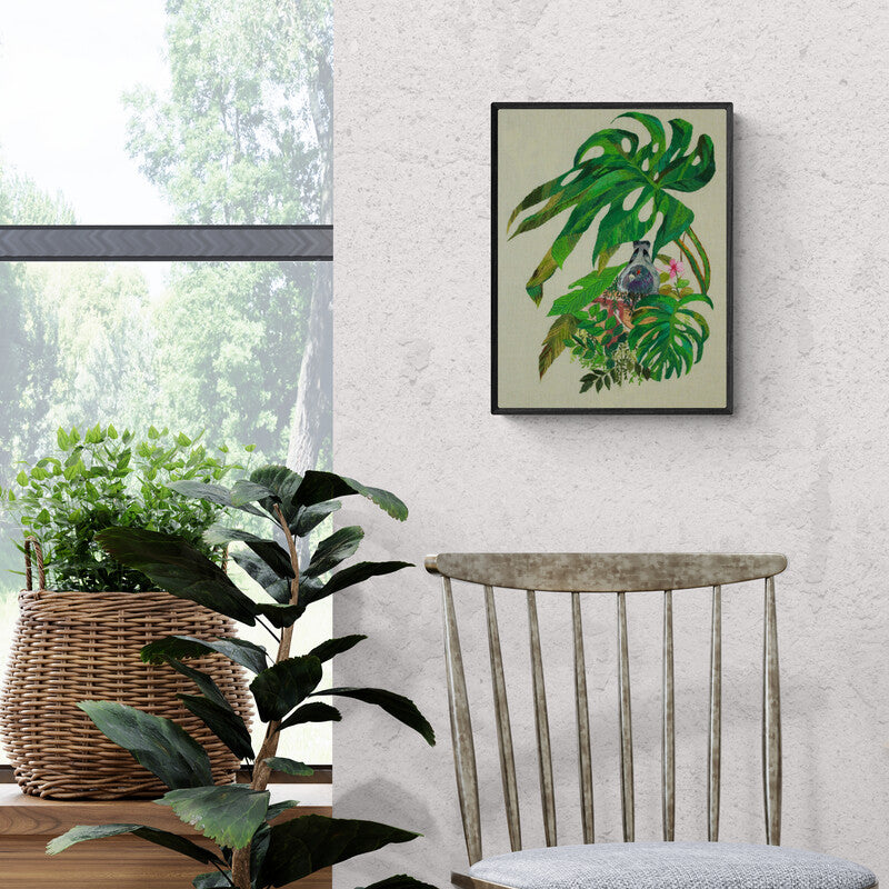 In-situ view of Shatabdi Roy's 'Shelter (Tropical Haven)' painting in a room