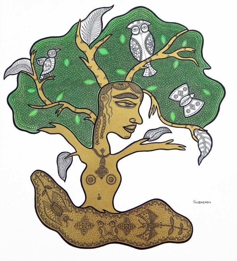 Nature mixed media painting titled 'Shelter Of Love', 20x18 inches, by artist Subhendu Ghosh on Canvas