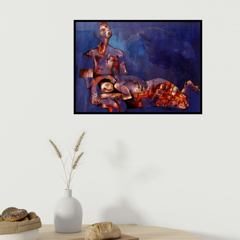 In-situ view of Ranjith Raghupathy's 'Shelter (Intimate Embrace**)' painting in a room