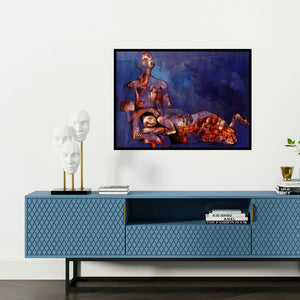 Preview of 'Shelter (Intimate Embrace**)' Painting by Ranjith Raghupathy shown on a wall in a furnished room.