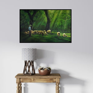 In-situ view of Prasad Karambat's 'Shepherd (Serene Pasture)' painting in a room