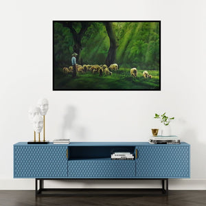 Preview of 'Shepherd (Serene Pasture)' Painting by Prasad Karambat shown on a wall in a furnished room.