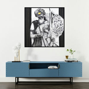 'The Shepherd (Pastoral Harmony)' painting by Raosaheb Gurav shown on a wall in a furnished room.