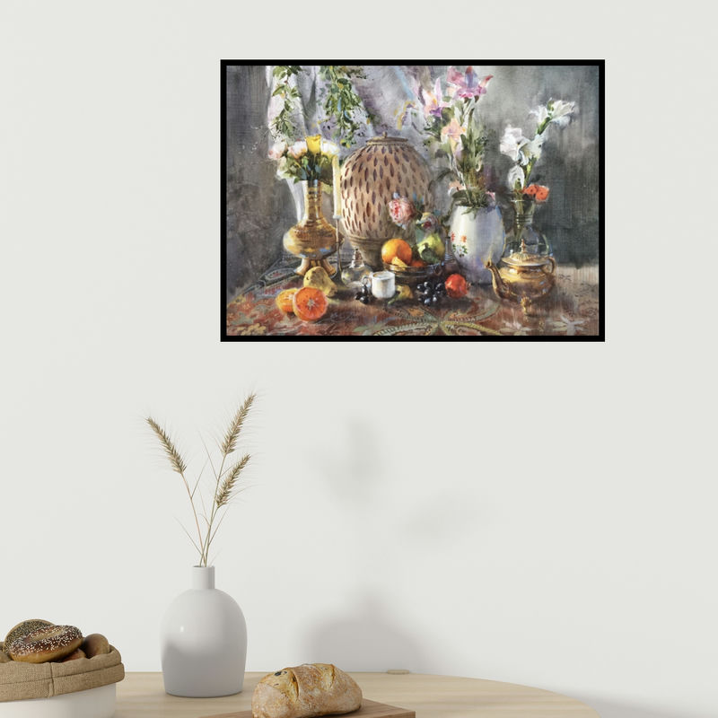 In-situ view of Shadab Kazi's 'Shine Of Light (Still Life with Flowers and Fruit)' painting in a room