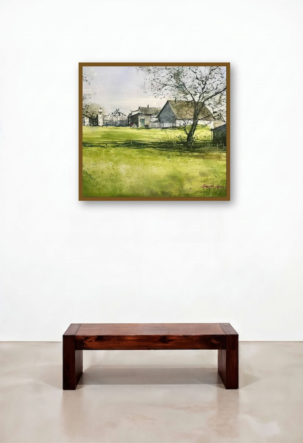 Shining Village (Rural Tranquility) by artist Ks Farvez displayed in a Mid-Century Modern Bedroom