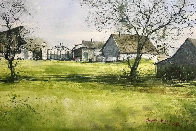 Landscape watercolor painting titled 'Shining Village', 14x20 inches, by artist KS Farvez on Paper