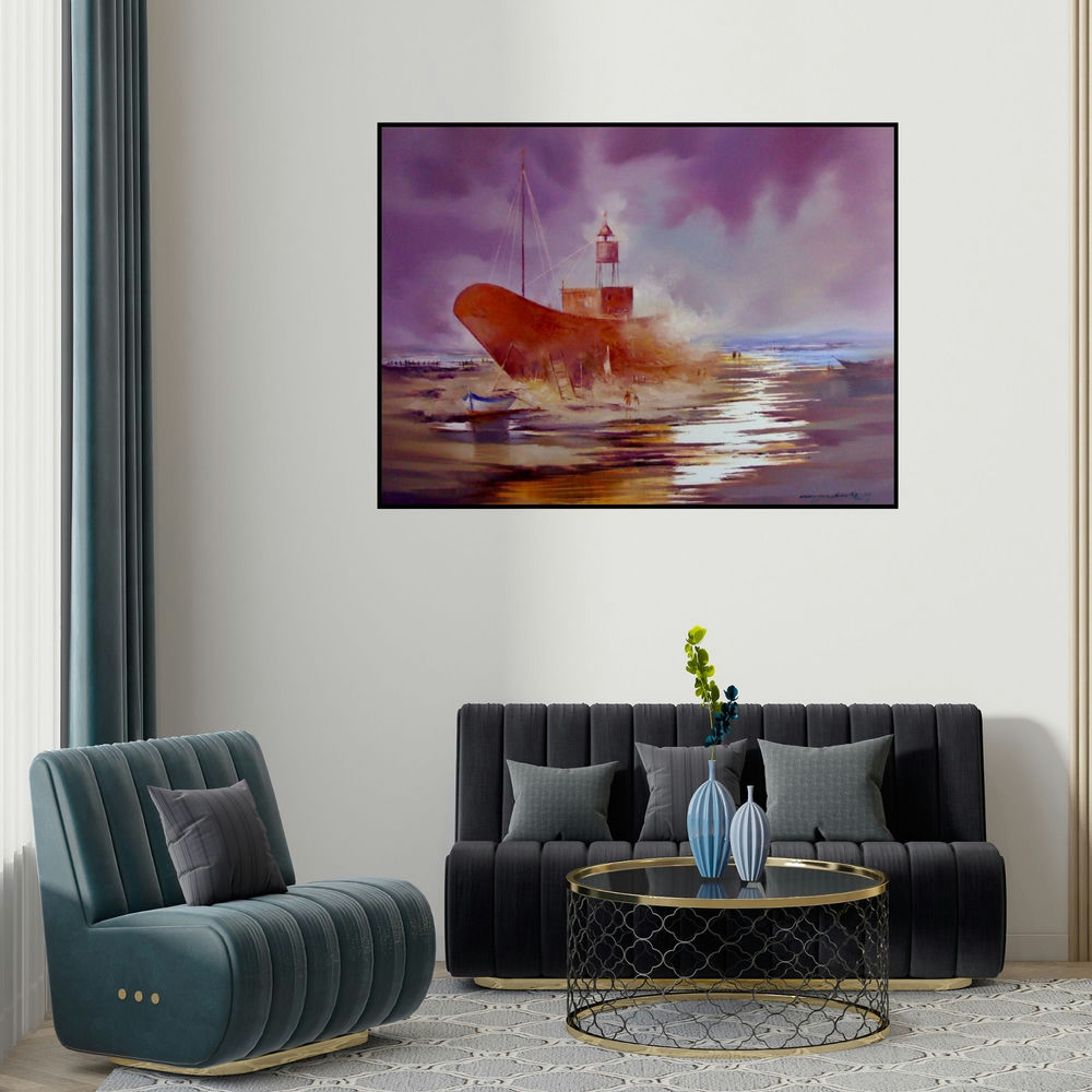 'Ship In The River (Twilights Embrace: A Ships Last Stand)' painting by Narayan Shelke shown on a wall in a furnished room.
