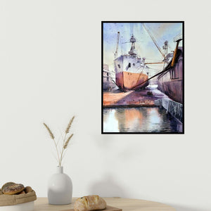 Amit Kapoor's 'Ship Yard' painting visualized above a sofa in a contemporary room.