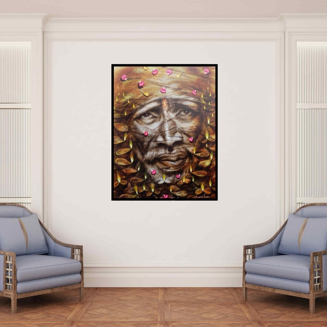 In-situ view of Darshan Sharma's 'Shirdi Sai Baba (Illuminated Soul)' painting in a room