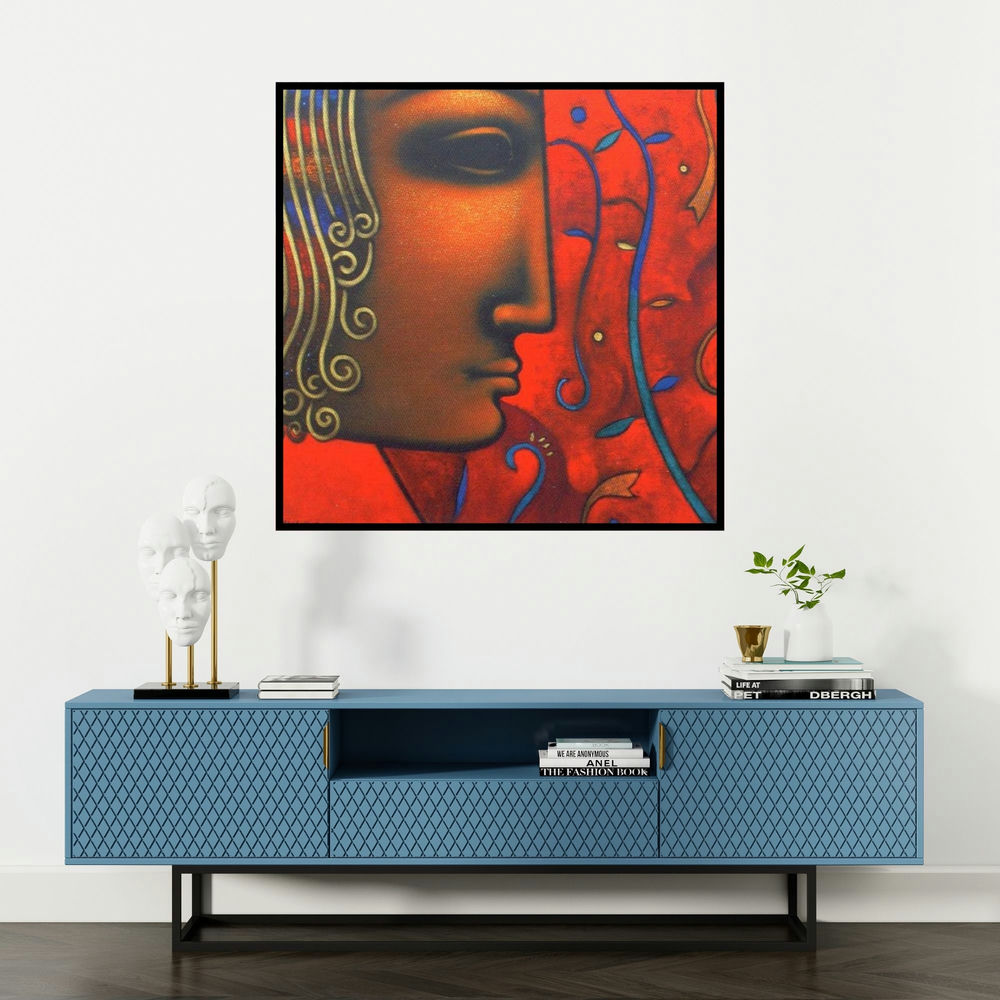 'Shiv 5 (Crimson Gaze)' painting by Sanjay Bhalerao shown on a wall in a furnished room.