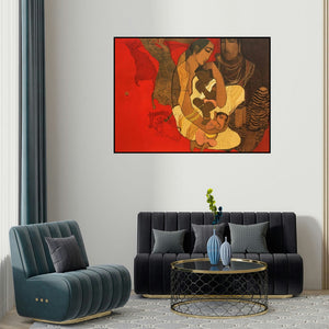 'Shiv And Parvati 4 (Mother and Children)' painting by Siddharth Shingade shown on a wall in a furnished room.