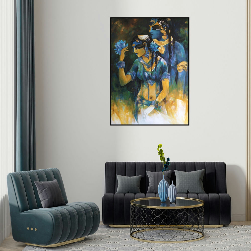 'Shiv Parvati 2 (Shiva and Parvati Lotus Gaze)' painting by N P Rajeshwarr shown on a wall in a furnished room.