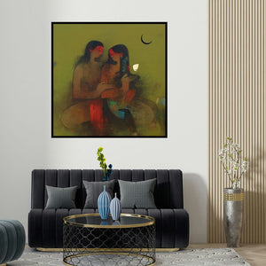 Amol Pawar's 'Shiv Parvati' painting visualized above a sofa in a contemporary room.