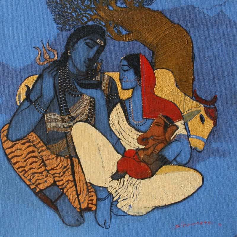 Figurative acrylic painting titled 'Shiv Parvati I', 15x15 inches, by artist Siddharth Shingade on Canvas