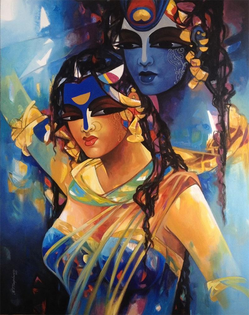 Figurative acrylic painting titled 'Shiv Parvati In Rhythm Iv', 30x24 inches, by artist Rajeshwar Nyalapalli on Canvas
