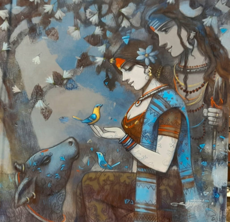 'Shiv Shakti' religious acrylic painting by artist Subrata Das, 36x36 inch, on canvas