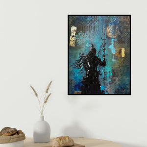 Sheetal Singh's 'Shiv' painting visualized above a sofa in a contemporary room.