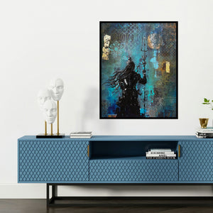'Shiv' painting by Sheetal Singh shown on a wall in a furnished room.