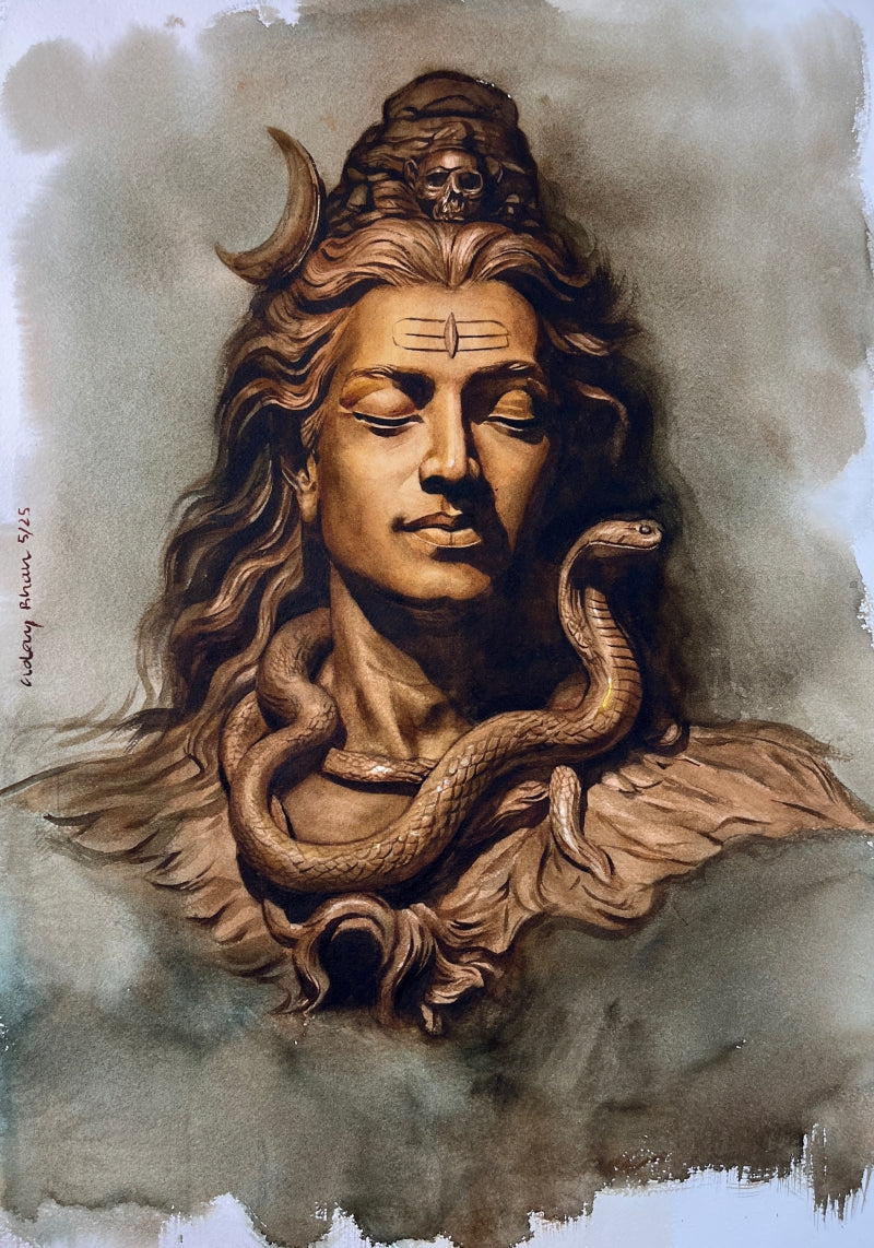 'Shiva' religious watercolor painting by artist Uday Bhan, 22x15 inch, on paper