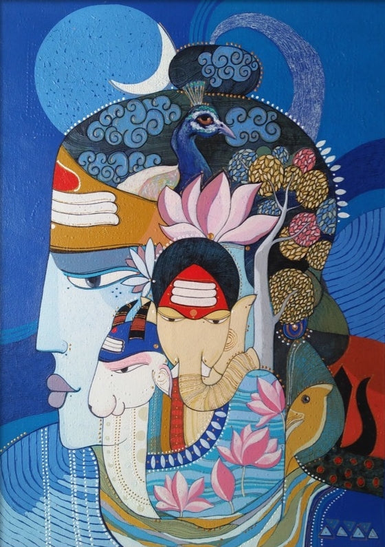 Shiva 7' religious acrylic painting by artist Pritam Chivate, 28x20 inch, on canvas