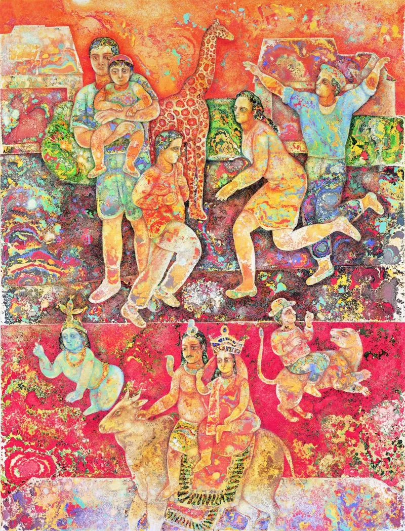 Religious serigraphs painting titled 'Shiva And Parvati', 30x22 inch, by artist Sakti Burman on Paper