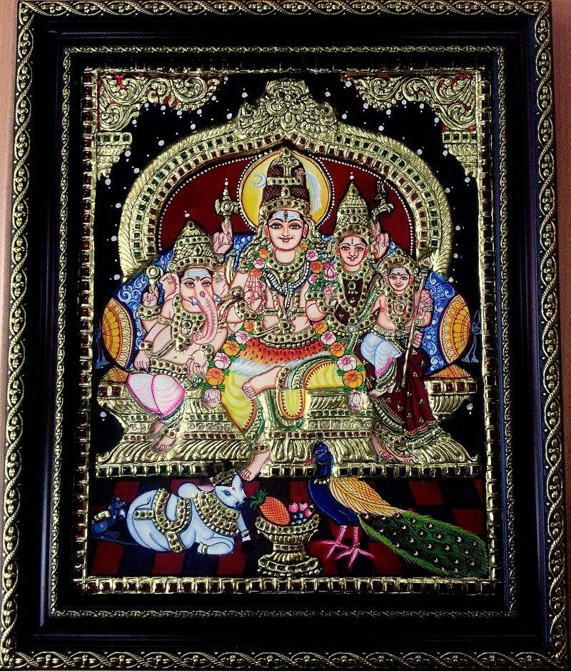 Religious tanjore traditional art titled 'Shiva Family Tanjore Painting', 14x18 inches, by artist VANI VIJAY on Plywood
