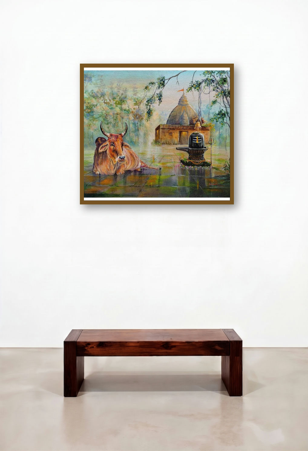Shiva Linga Nandi (Tranquility at Shiva's Abode) by artist Barnali Ray displayed in a Mid-Century Modern Dining Room