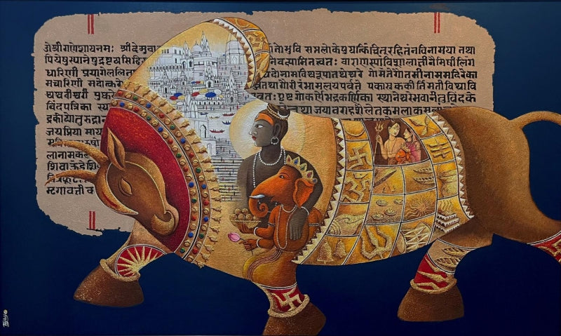 'Shiva Nandi 1' religious acrylic painting by artist Chandrakant Tajbije, 36x60 inch, on canvas