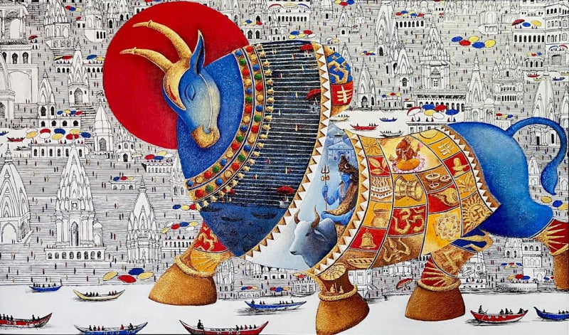 Shiva Nandi 1' religious acrylic painting by artist Chandrakant Tajbije, 36x60 inch, on canvas