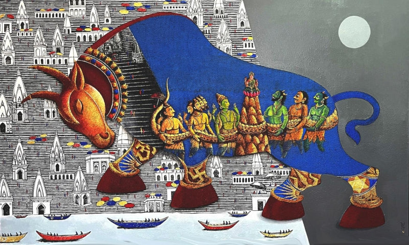 Shiva Nandi 2' religious acrylic painting by artist Chandrakant Tajbije, 36x60 inch, on canvas