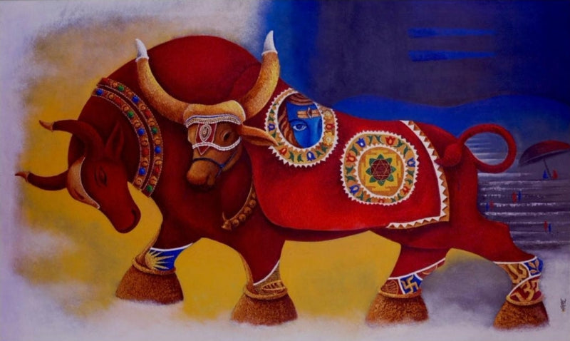Shiva Nandi 2' religious acrylic painting by artist Chandrakant Tajbije, 36x60 inch, on canvas