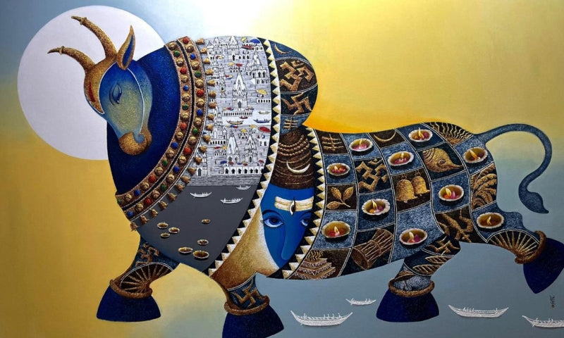 'Shiva Nandi 2' religious acrylic painting by artist Chandrakant Tajbije, 36x60 inch, on canvas