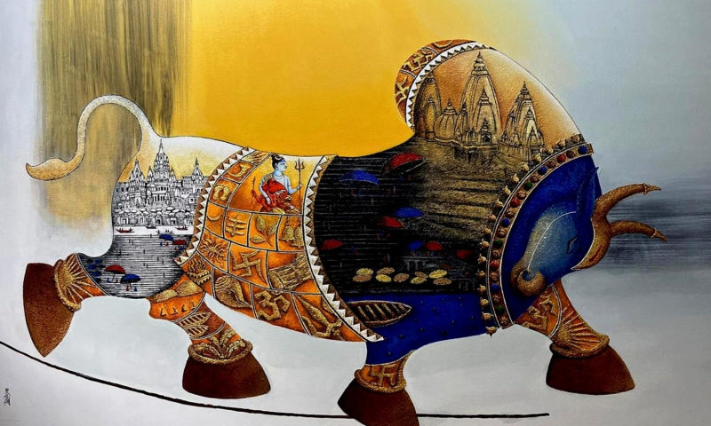 'Shiva Nandi 3' religious acrylic painting by artist Chandrakant Tajbije, 36x60 inch, on canvas