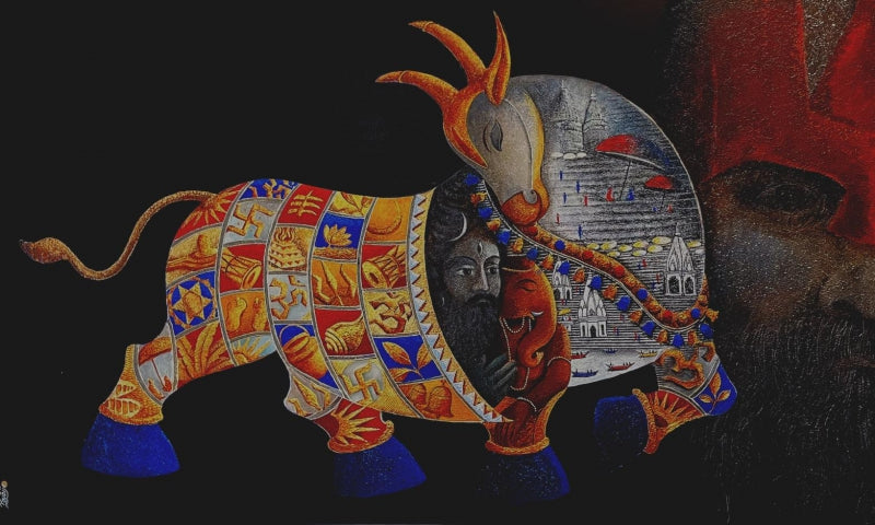 Shiva Nandi 3' religious acrylic painting by artist Chandrakant Tajbije, 36x60 inch, on canvas