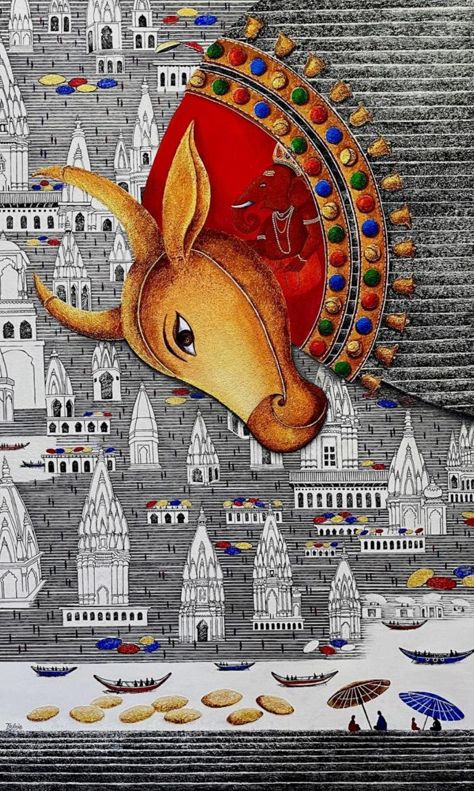 Shiva Nandi 4' religious acrylic painting by artist Chandrakant Tajbije, 60x36 inch, on canvas