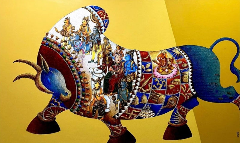 Shiva Nandi' religious acrylic painting by artist Chandrakant Tajbije, 36x60 inch, on canvas