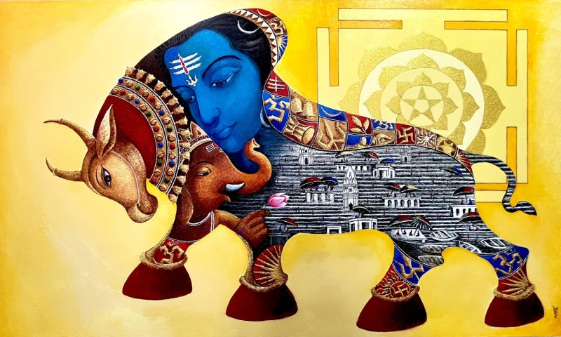 'Shiva Nandi' religious acrylic painting by artist Chandrakant Tajbije, 36x60 inch, on canvas