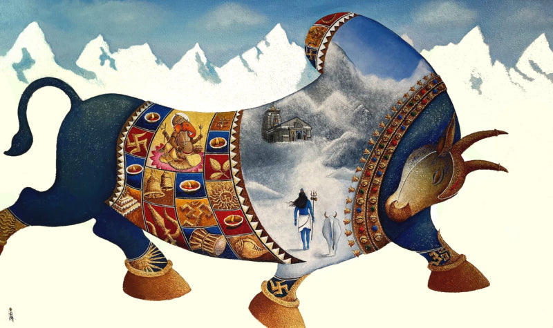 'Shiva Nandi' religious acrylic painting by artist Chandrakant Tajbije, 36x60 inch, on canvas