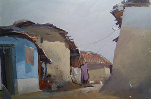 Shivangaon (Untitled) by Bijay Biswaal, Original Acrylic Cityscape Painting on Paper, Small Horizontal Wall Art