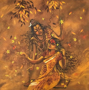 Shivasakti (Shiva and Parvati on a Swing) by Lisha N T, Original Acrylic Religious Painting on Canvas, Small Square Wall Art