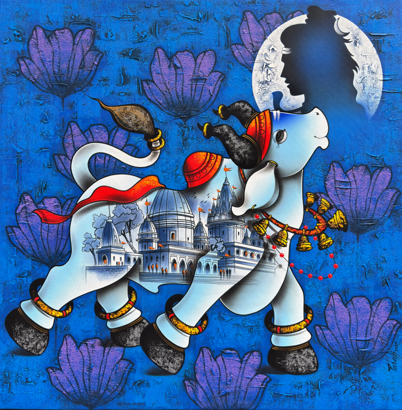 Shivji Ki Dhun May' religious acrylic-charcoal painting by artist Paras Parmar, 36x36 inch, on canvas