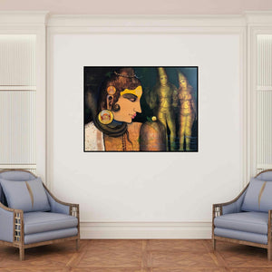 'Shivling (Shiva and Parvati)' painting by Sachin Kharat shown on a wall in a furnished room.