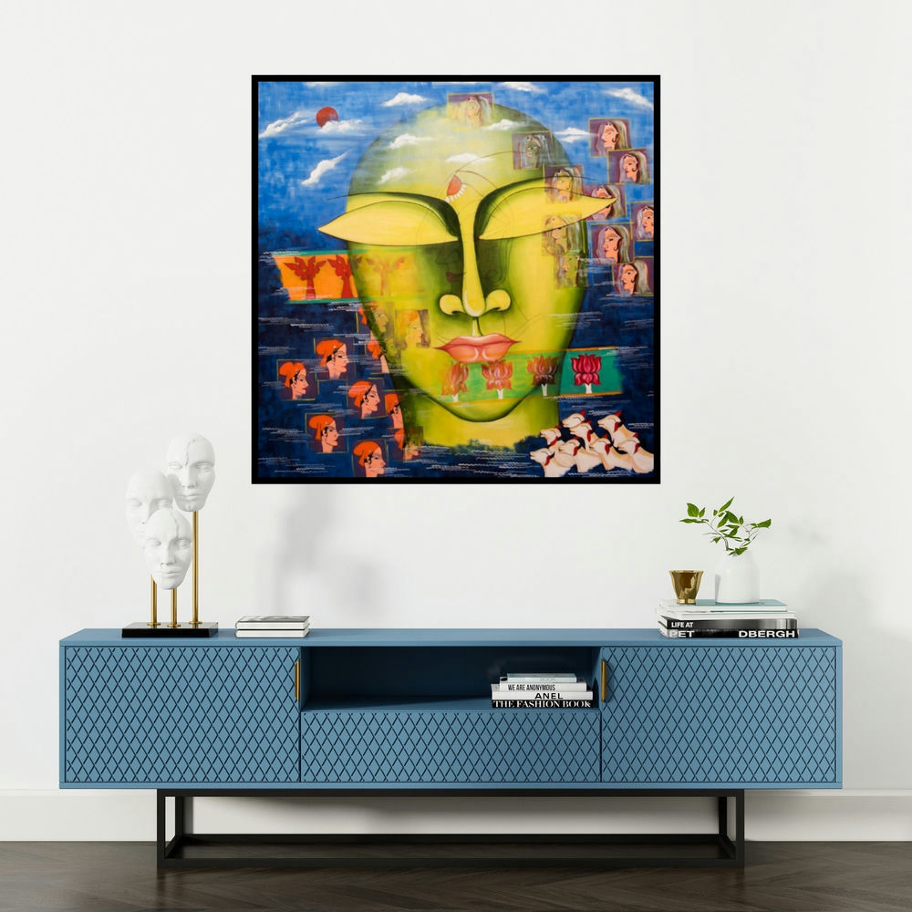 'Shivohum 4' painting by Deepali Mundra shown on a wall in a furnished room.