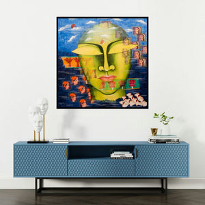 'Shivohum 4' painting by Deepali Mundra shown on a wall in a furnished room.